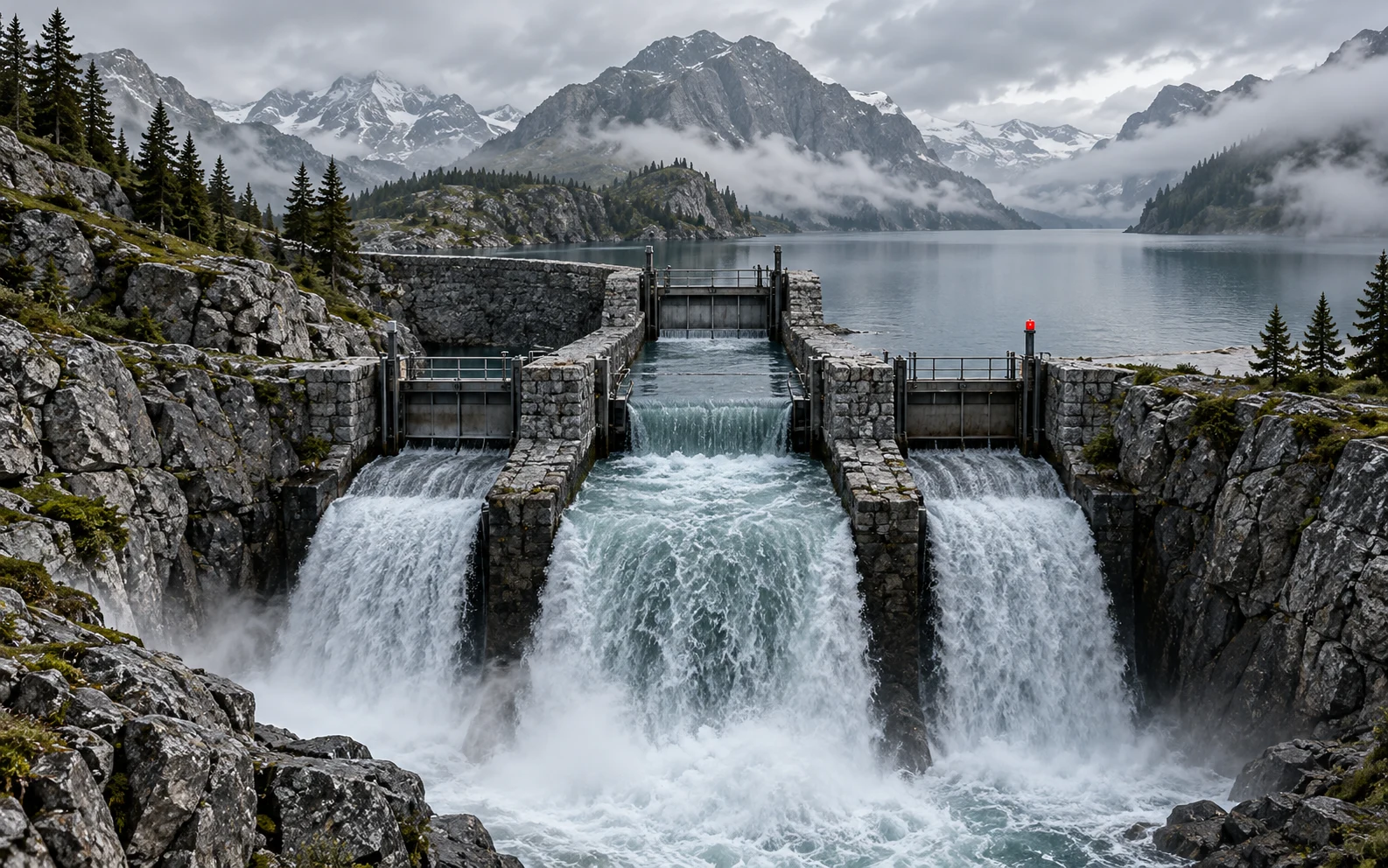 Conceptual charcoal alpine water-control structure with three carefully gated spillways above a mountain lake.