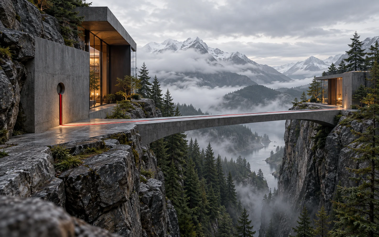 A precise concrete bridge with a red guide seam connects two alpine stations across a ravine.