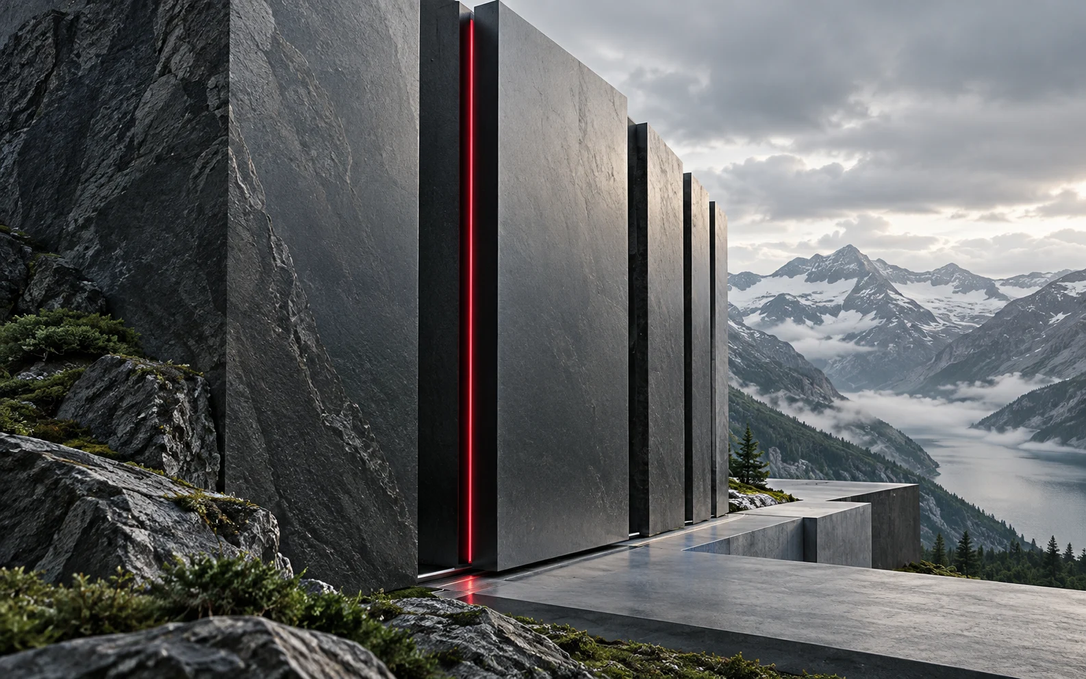 Graphite structural panels align along a precise red seam in an alpine installation.