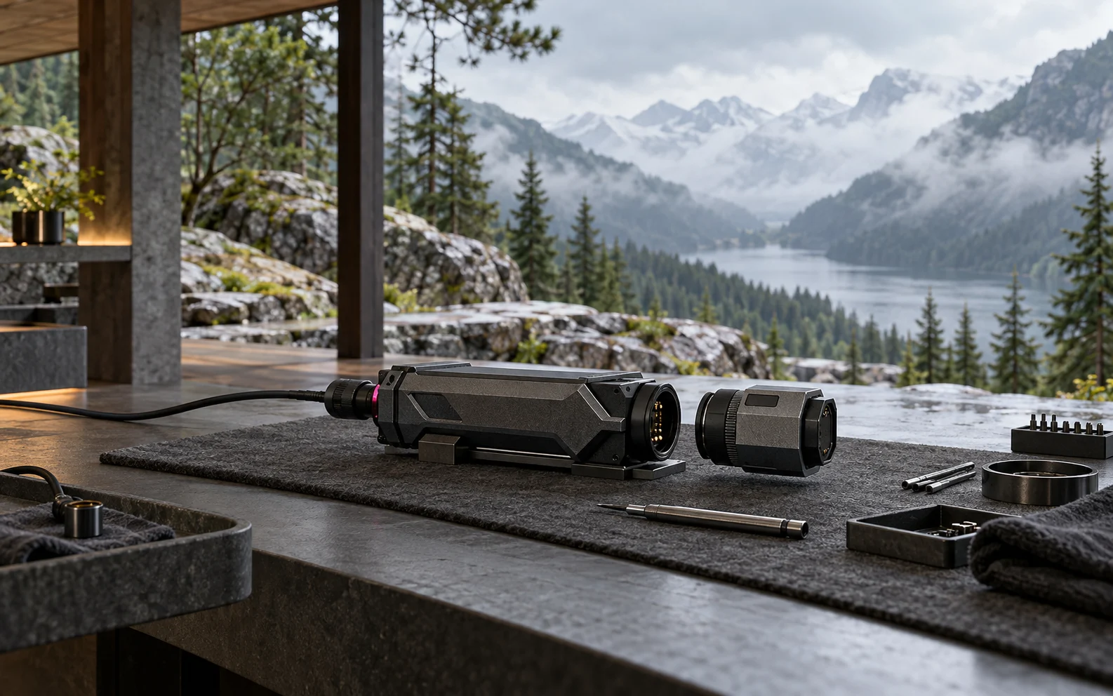 A connected graphite field instrument is carefully recalibrated on a sheltered alpine workbench.