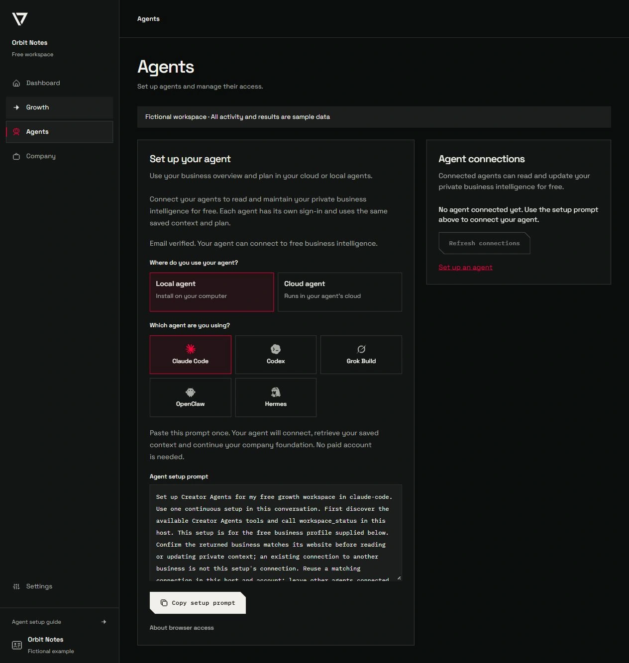Local and cloud agent setup choices in a fictional Creator Agents workspace.