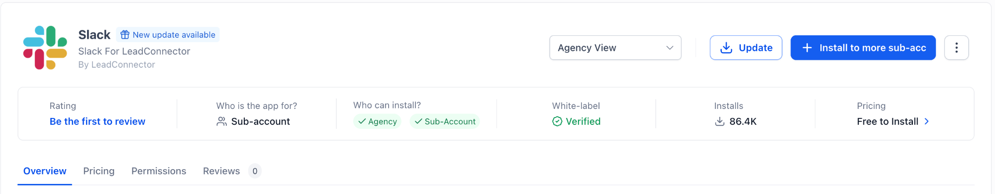 App Marketplace detail header with installation eligibility and overview, pricing, permissions and reviews tabs.