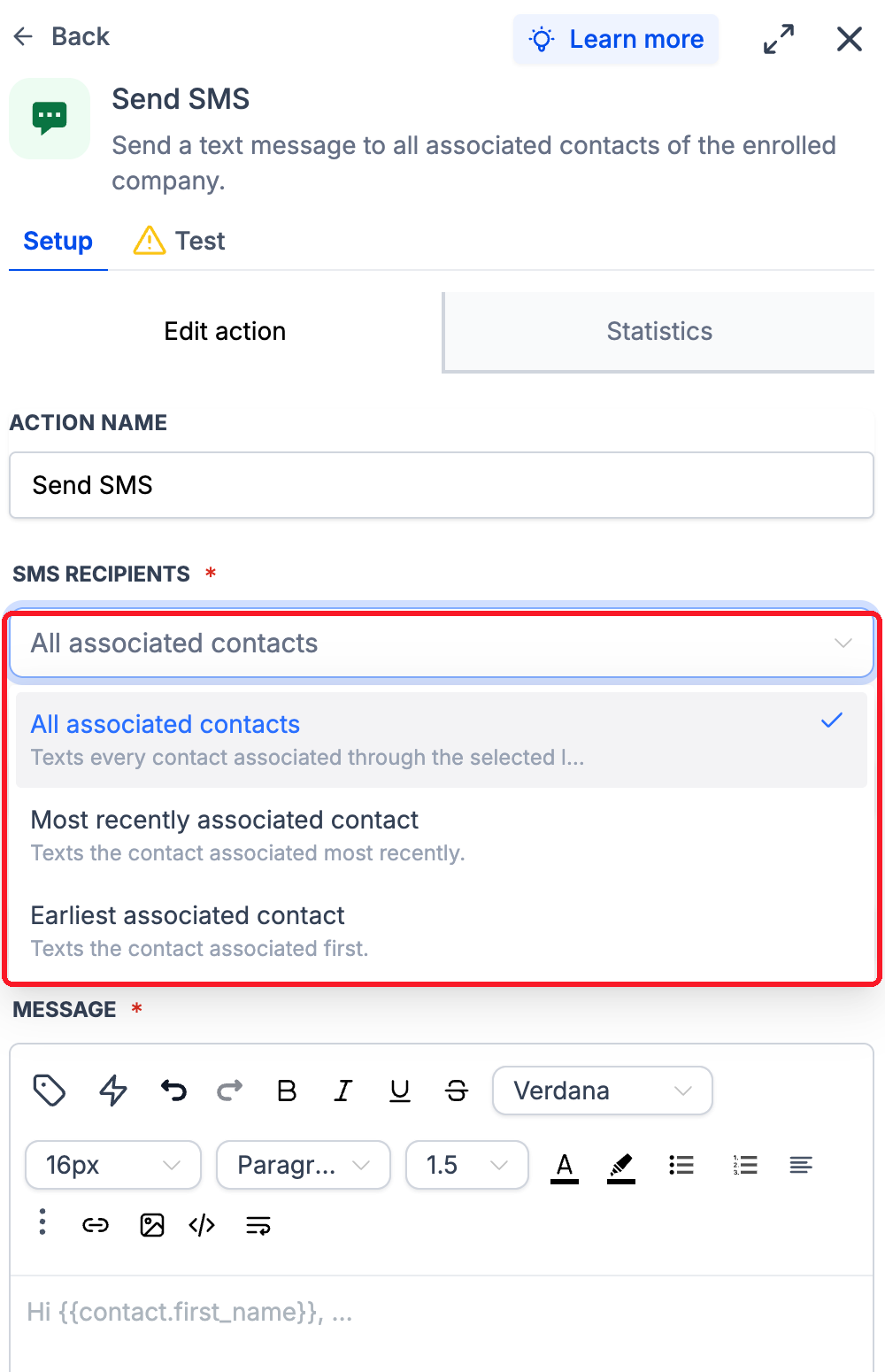 Company workflow SMS action showing all, most recent and earliest associated-contact recipient choices.