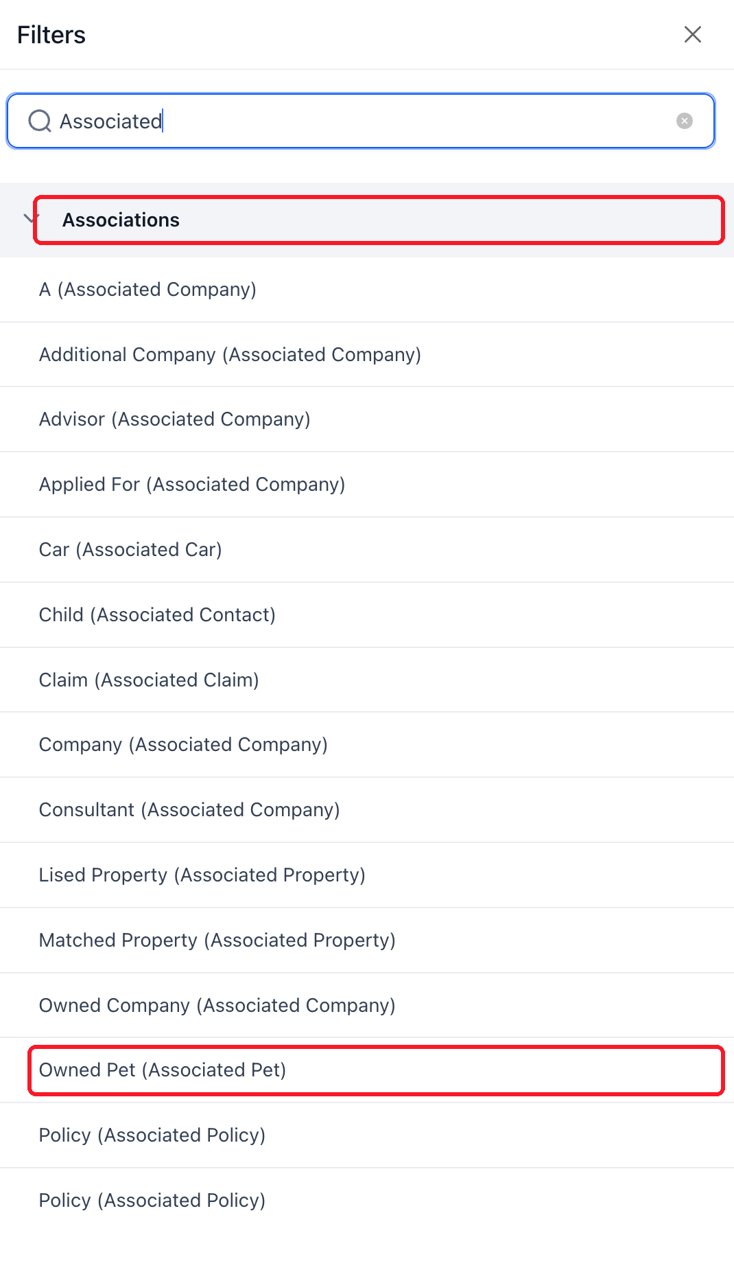 Smart List filter drawer showing configured association fields for Company, Contact and custom-object relationships.