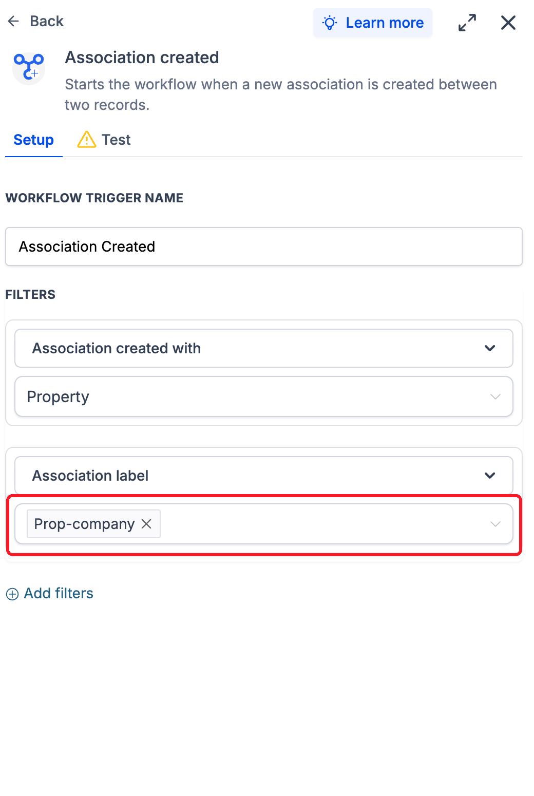 Association Created trigger with associated object and relationship-label filters.