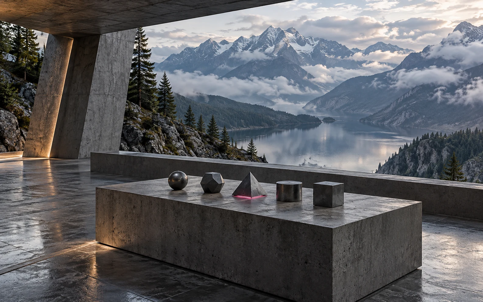 Conceptual alpine architecture illustrating recognise community milestones with badges. This is artwork, not a product screen.