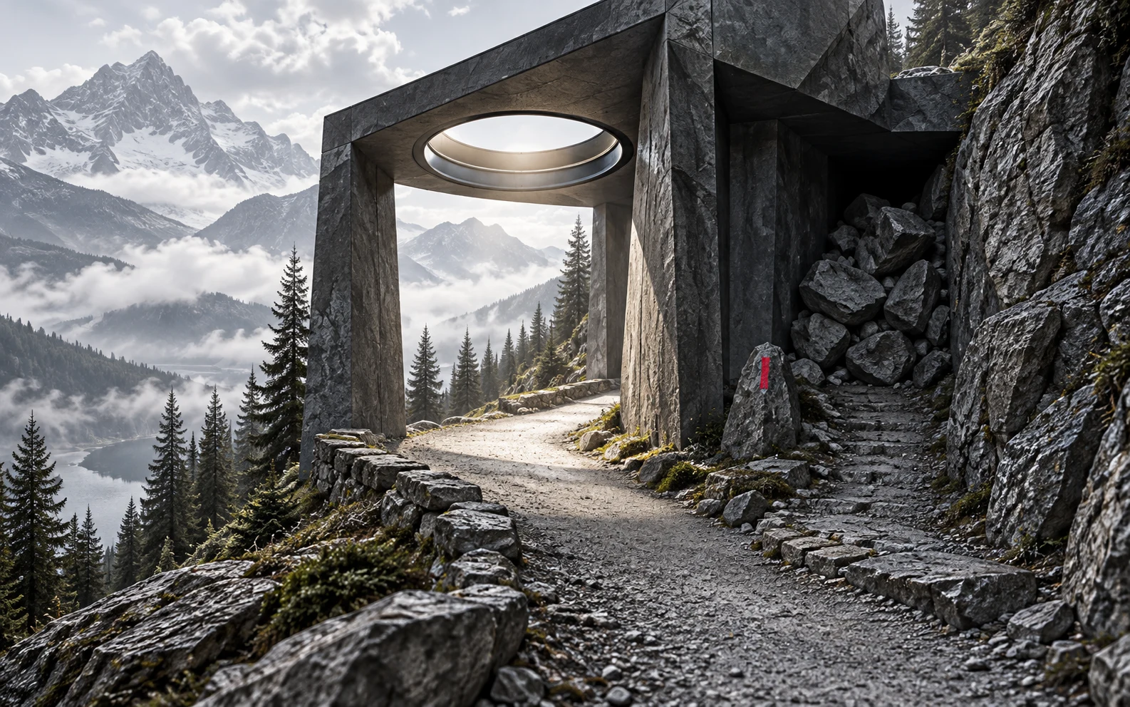 Conceptual alpine wayfinding pavilion with an open path, a closed passage and a small red route marker.