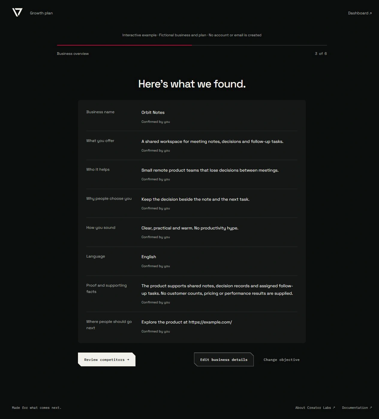 The fictional Orbit Notes business overview in the public Creator Agents walkthrough.