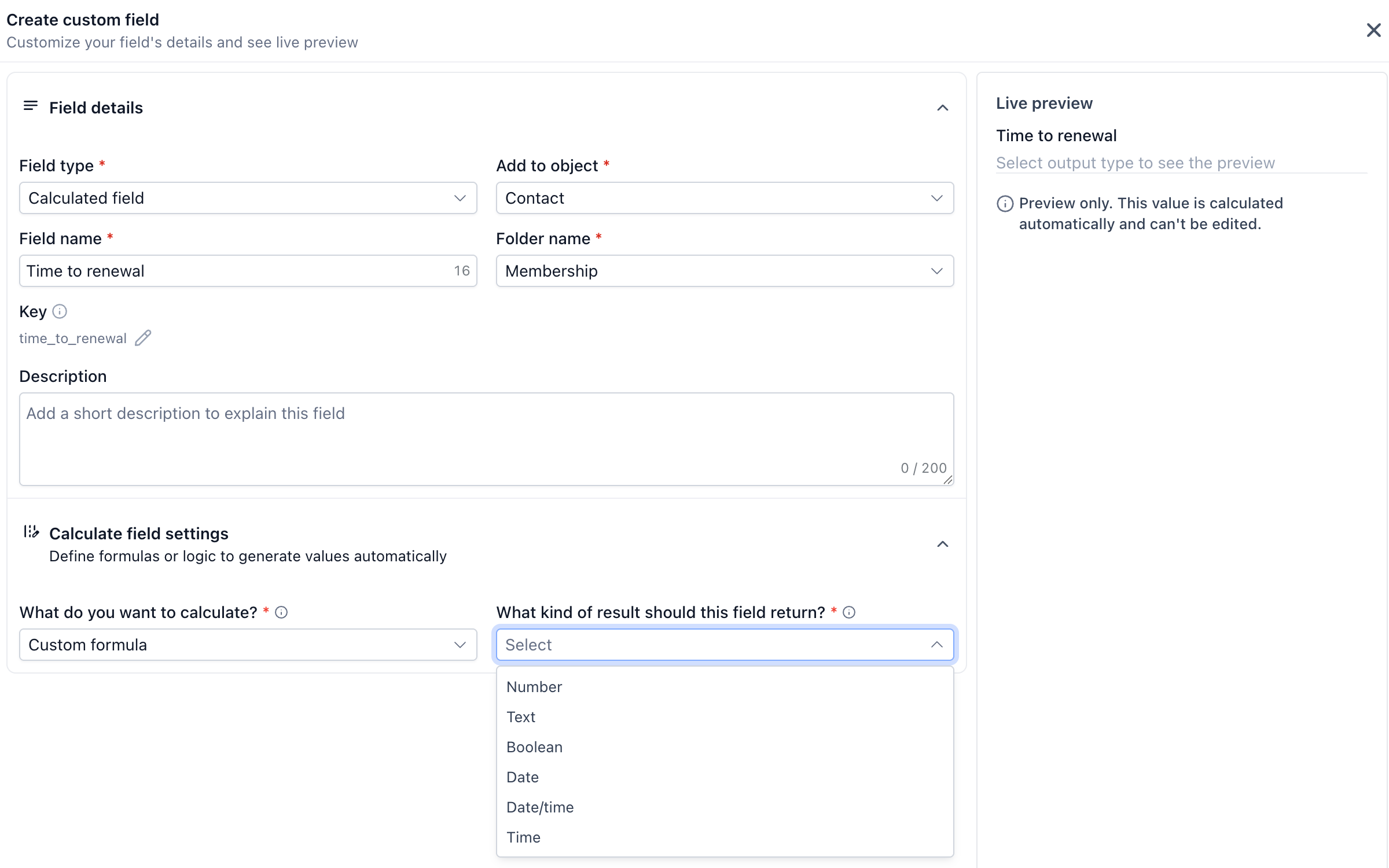 Calculated custom-field setup with calculation and result-type choices and a read-only preview explanation.