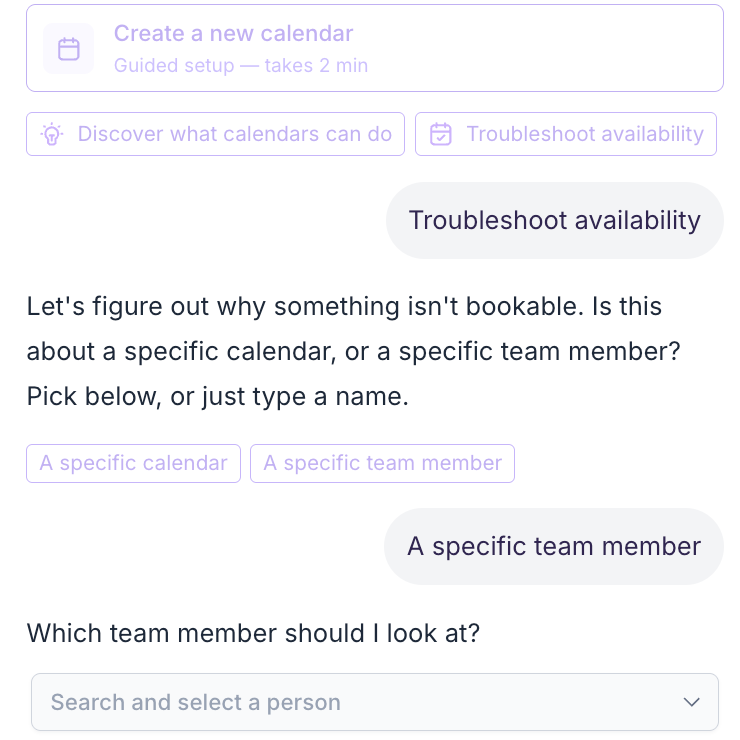 Calendar AI asking whether to troubleshoot a calendar or a team member.
