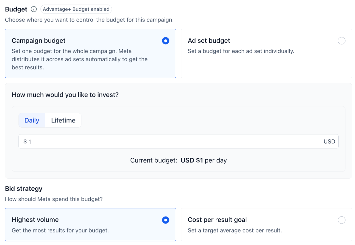 Ad Manager campaign and ad-set budget choices with daily, lifetime and bid-strategy controls.