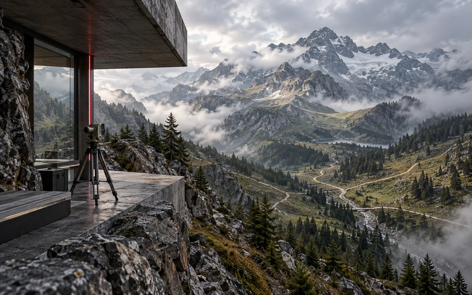 A survey instrument overlooks several mountain paths converging below an alpine observation pavilion.