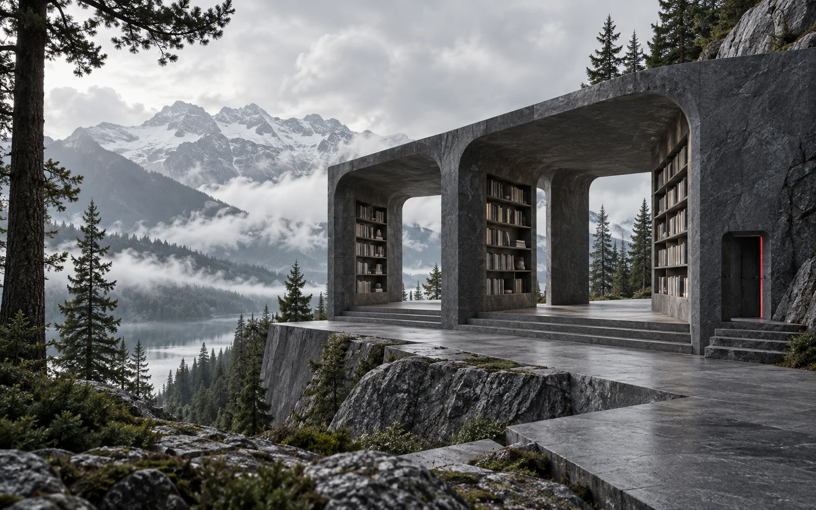Conceptual graphite reading pavilion with shelf-like passages and a small inspection gate above an alpine lake.