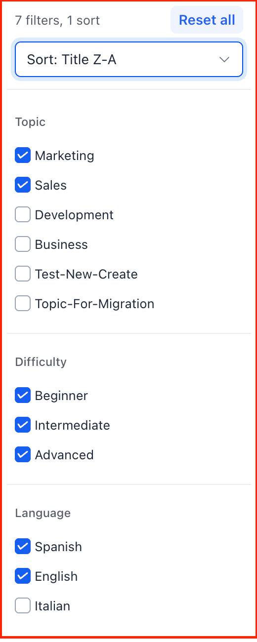 Community Learning controls for topic, difficulty, language and course sorting.