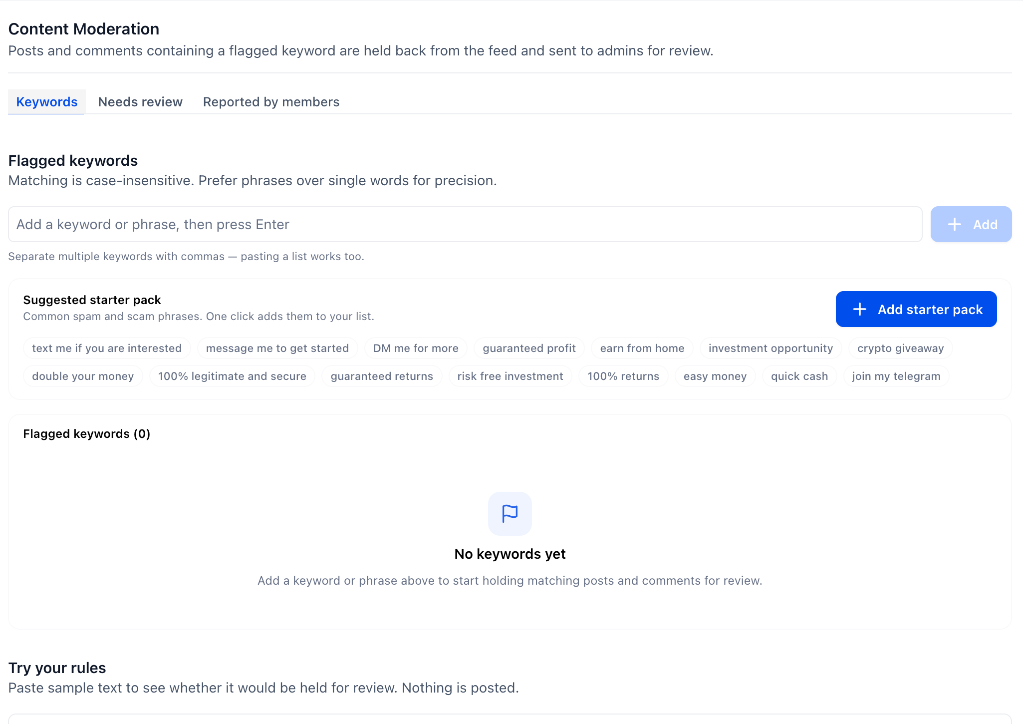 Community moderation settings with keyword rules and separate review queues.
