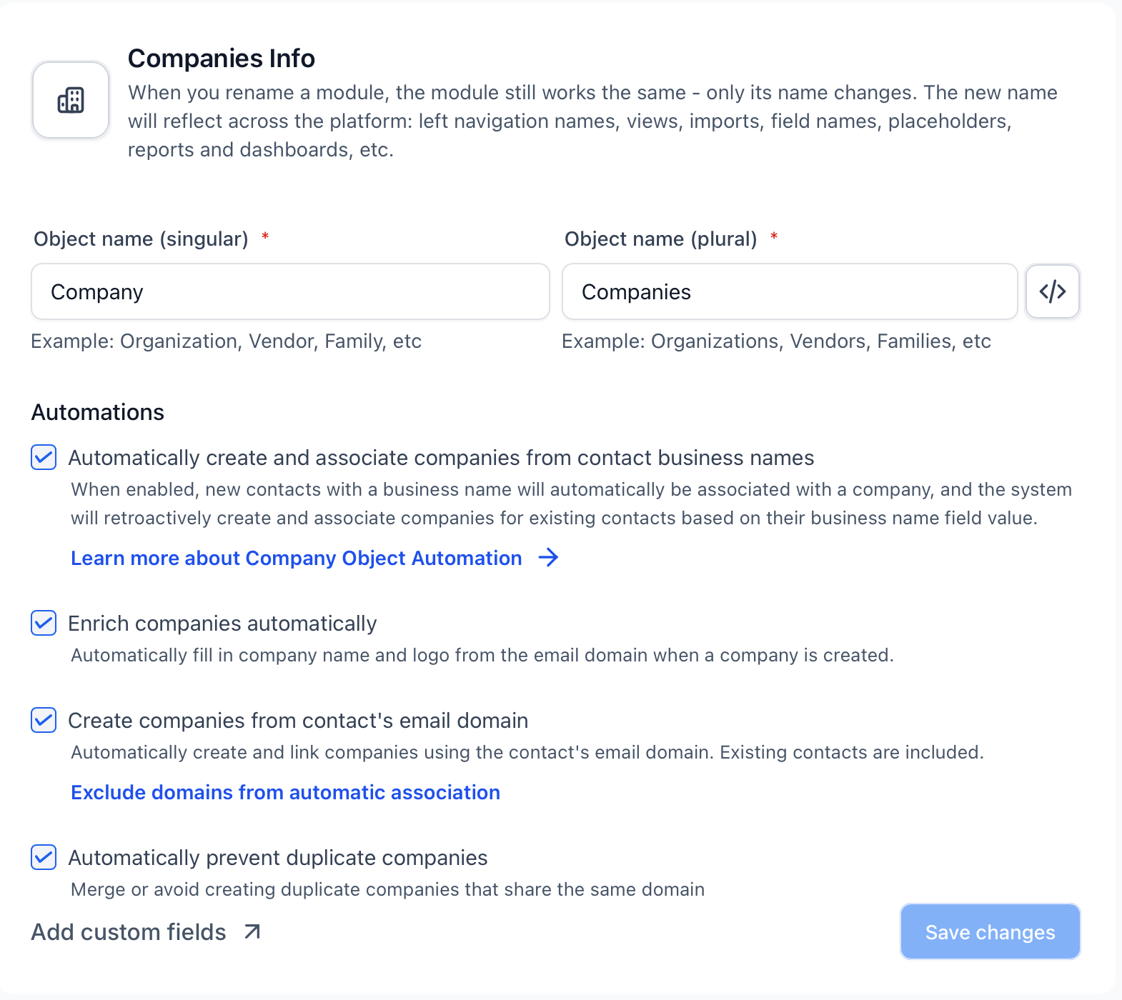 Company object settings with automatic association, enrichment, email-domain matching and duplicate-prevention controls.