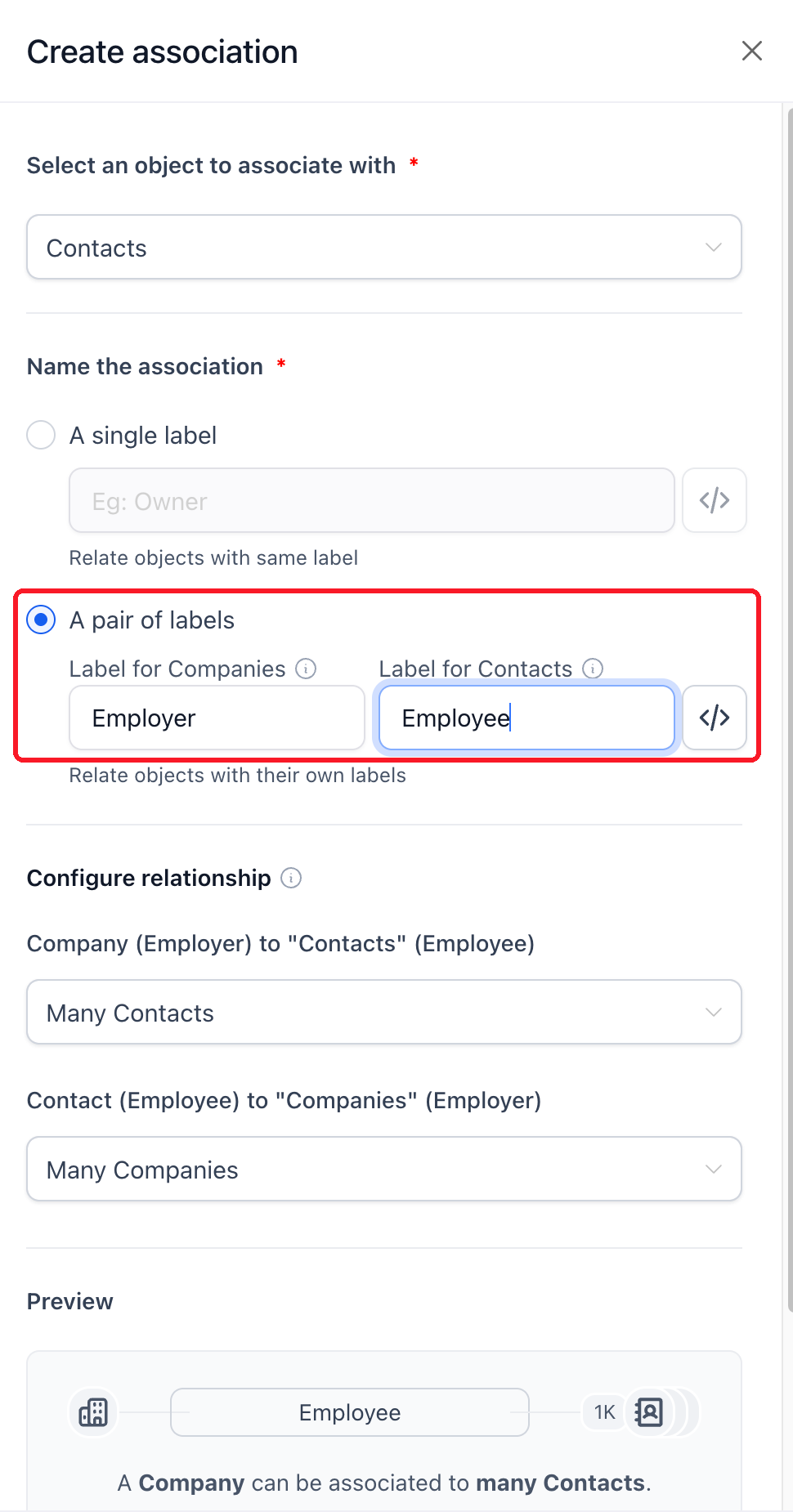 Create association drawer with paired Employer and Employee labels and many-contact and many-company limits.