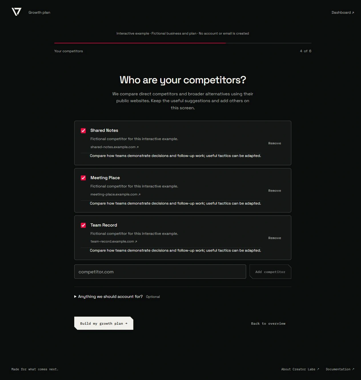A public fictional onboarding example showing selectable competitor suggestions.