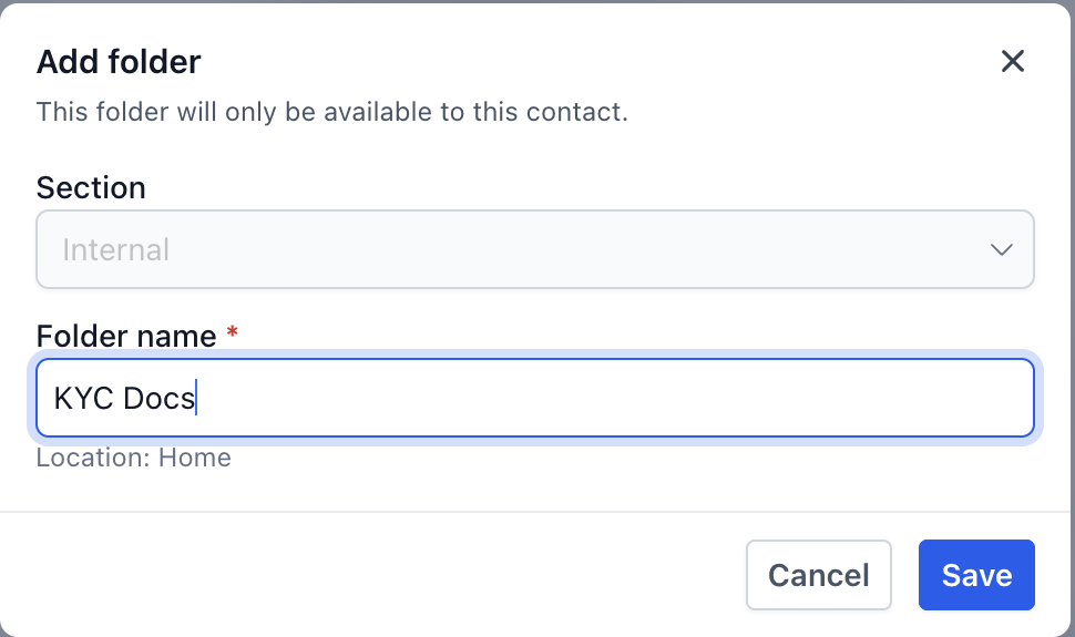 Add folder dialog explaining that a document folder belongs to one contact.