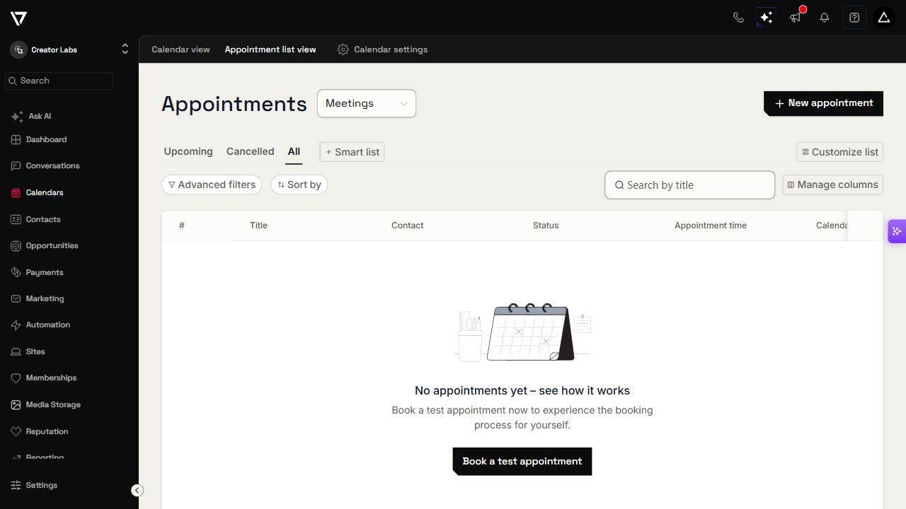 Creator Platform appointment list with neutral tabs, filters, search and an empty appointment table.