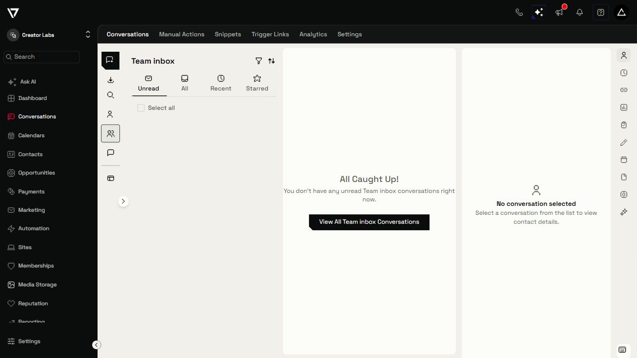 Creator Platform Conversations with compact inbox controls and an empty unread team inbox.