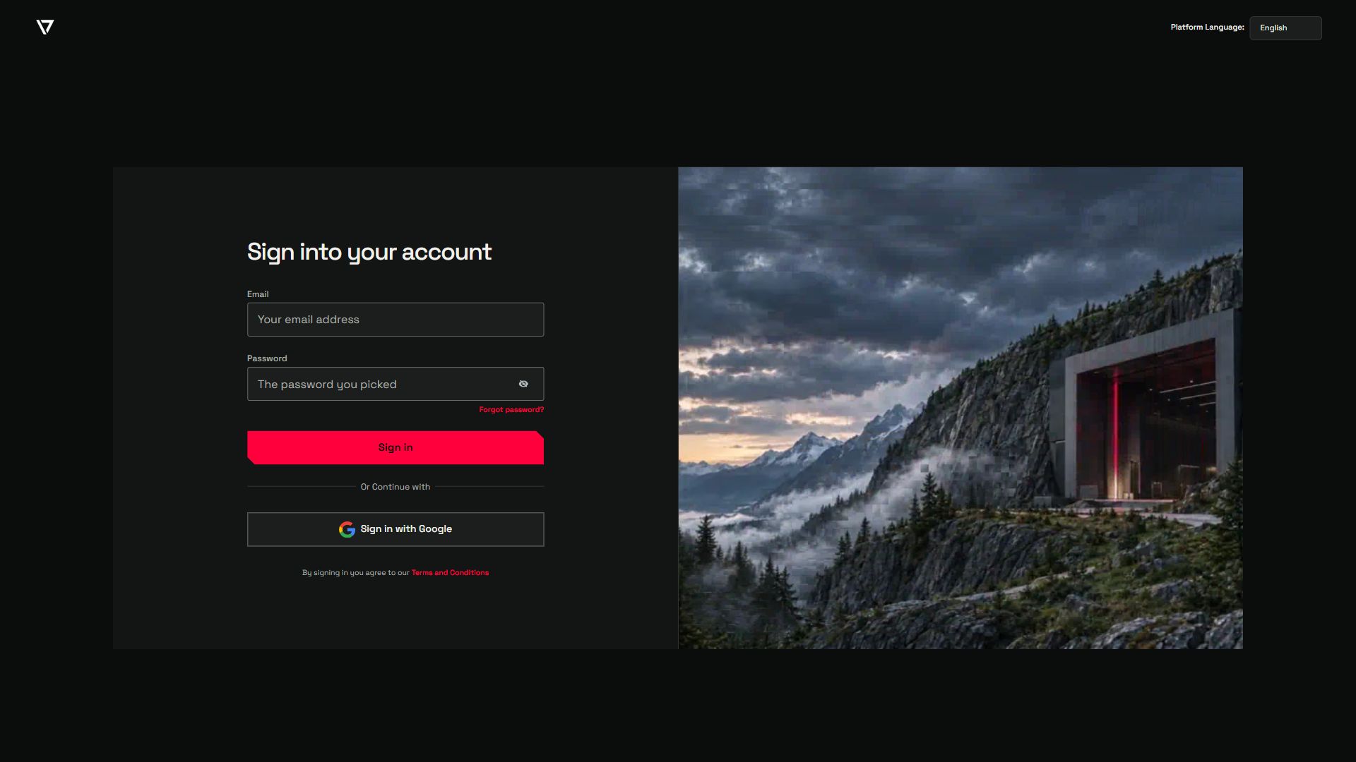 Creator Platform sign-in with empty email and password fields beside alpine artwork.