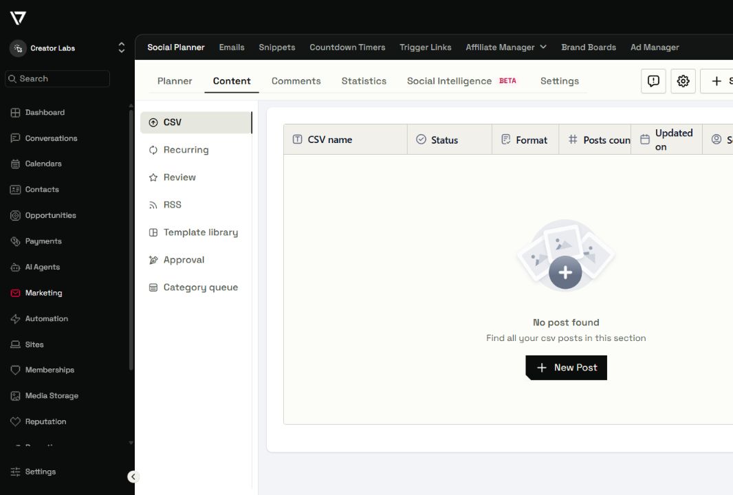 Creator Platform Social Planner Content view with the CSV tab selected and an empty post list.