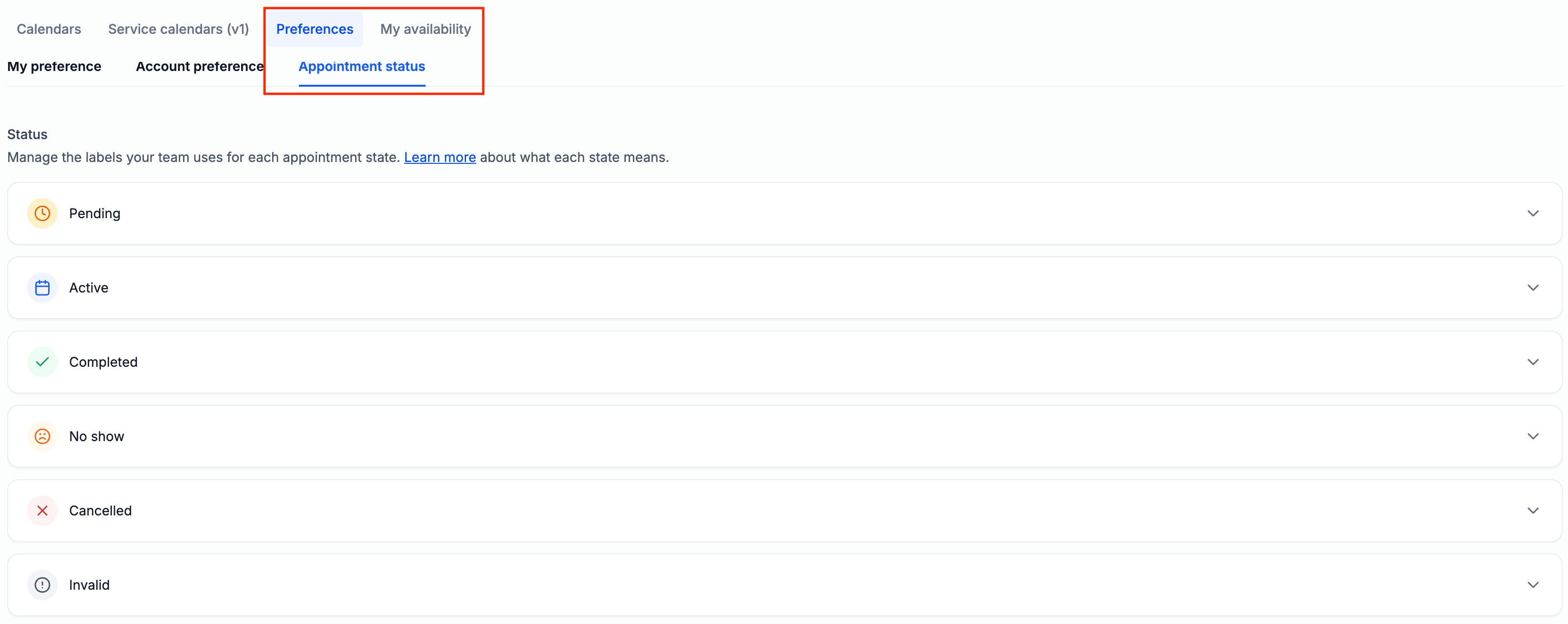 Appointment status settings with Pending, Active, Completed, No show, Cancelled and Invalid groups