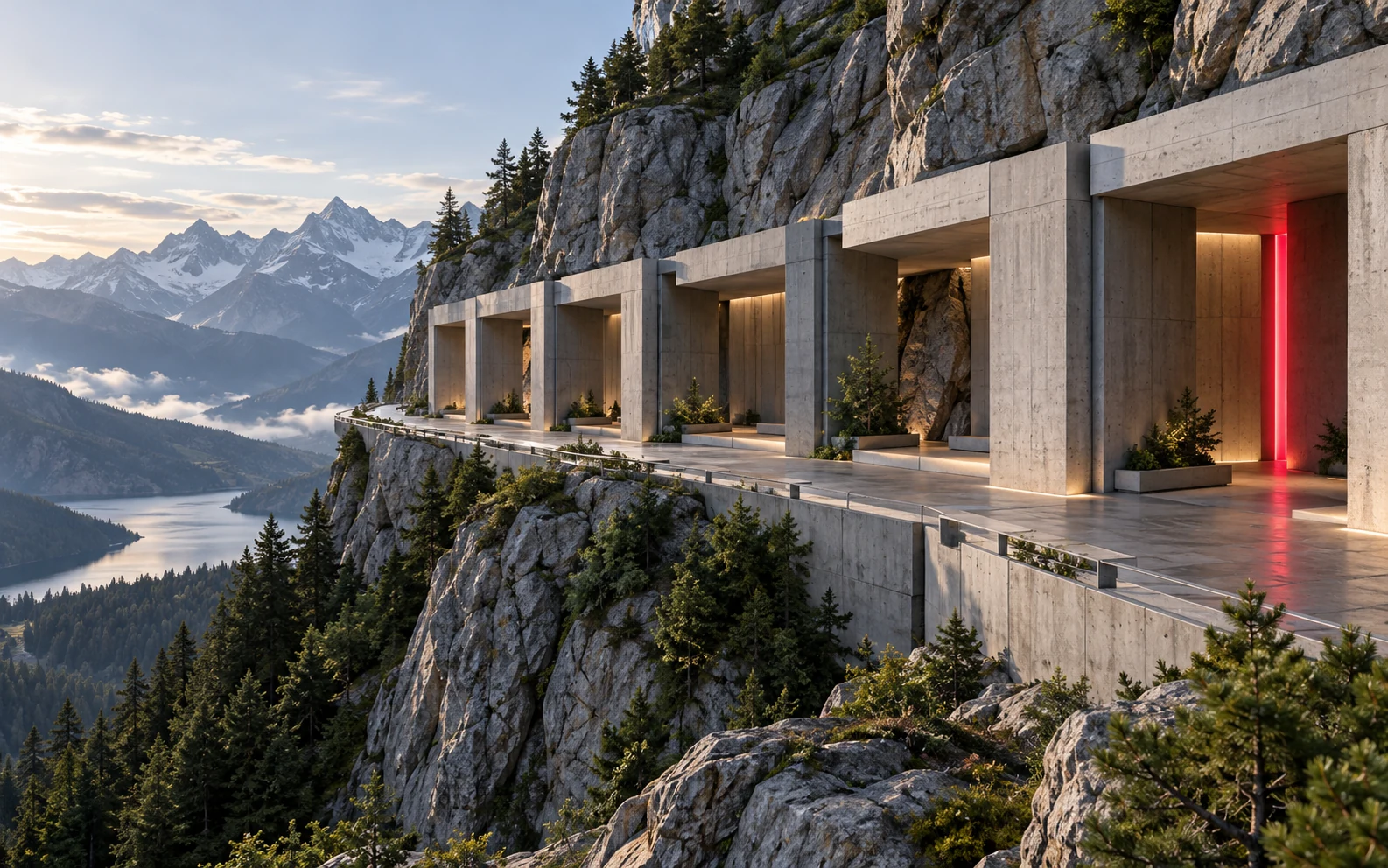 Six structural bays along an alpine concrete gallery