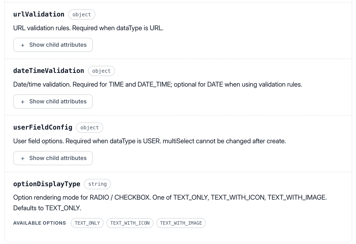 Public API reference options for date and time validation, user fields and image-based choices.