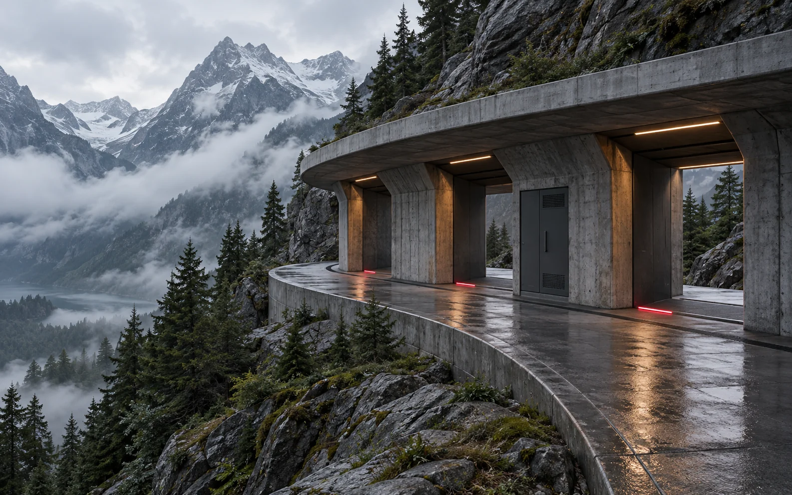 Three maintained passage bays share a continuous alpine walkway with red threshold lights.