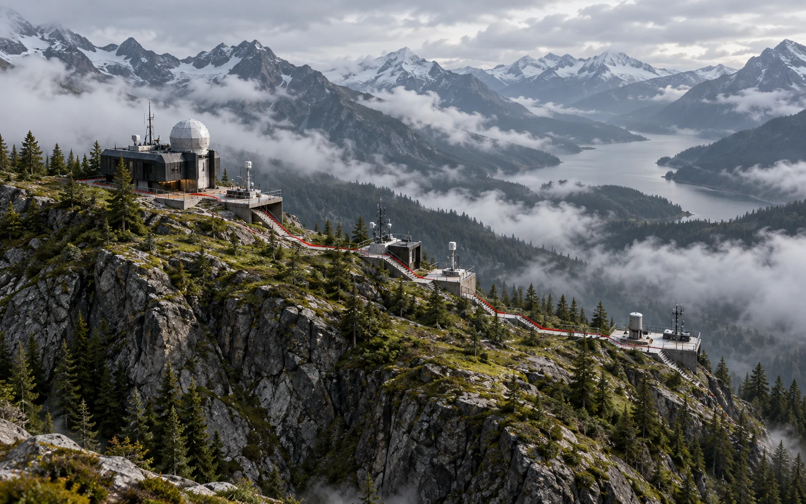 A fine red path connects maintained instrument terraces along an alpine ridge.