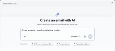 Email AI creation dialog with a product-launch prompt and suggested starting ideas
