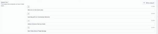Email campaign subject settings containing four example A/B subject-line variations