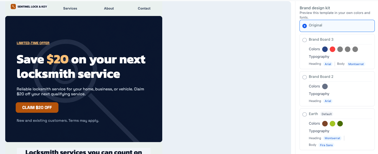 Email design preview beside Brand design kit colour choices.
