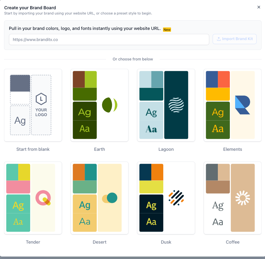 Create your Brand Board dialog with website import, blank setup and preset choices.