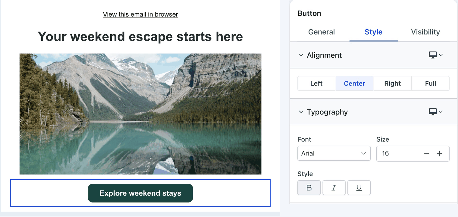 Example email button beside device-specific alignment and typography style controls.