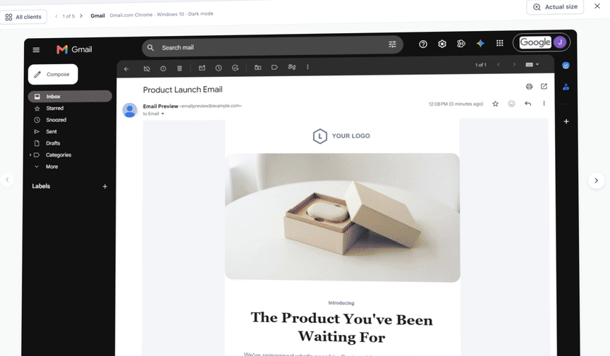 Inbox Preview demonstration showing a sample product email rendered in Gmail dark mode.