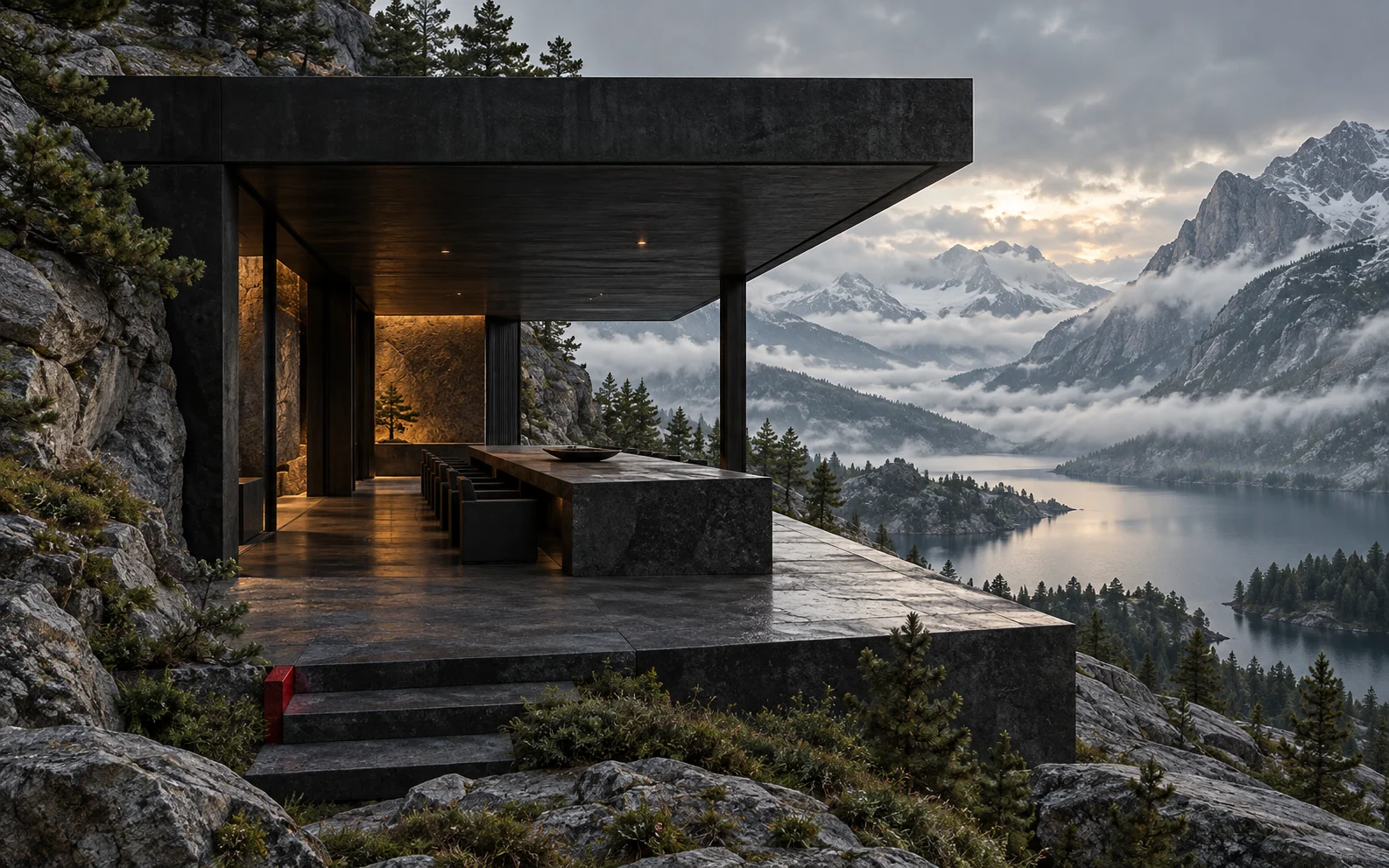 A sheltered graphite planning pavilion faces a clear route through a misty mountain valley.