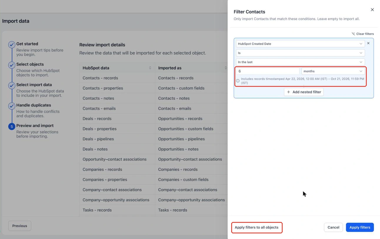 The public release example of HubSpot created-date filtering with a six-month range and an apply-to-all-objects option.