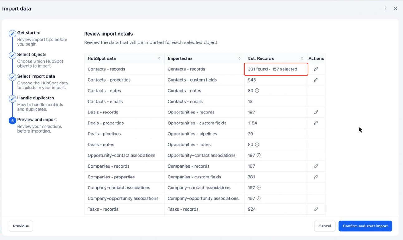 The public import preview example showing found and selected record totals for supported HubSpot objects.