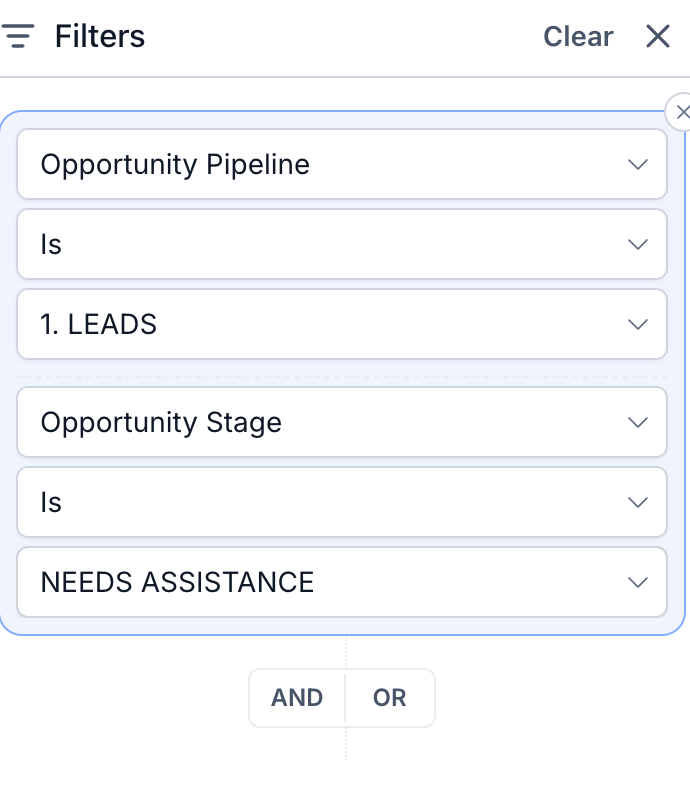 Conversations filter panel with Opportunity Pipeline and Opportunity Stage combined by AND or OR.