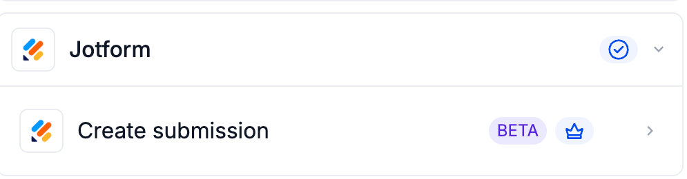 Native Jotform Create Submission action in the workflow action selector.