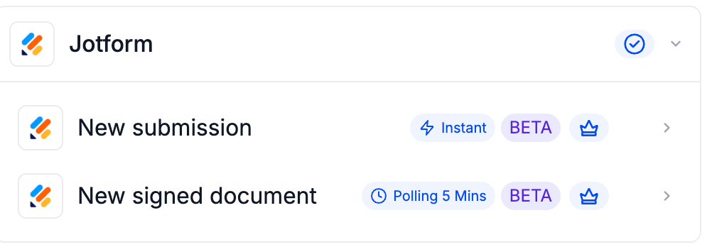 Native Jotform New Submission and New Signed Document trigger choices.