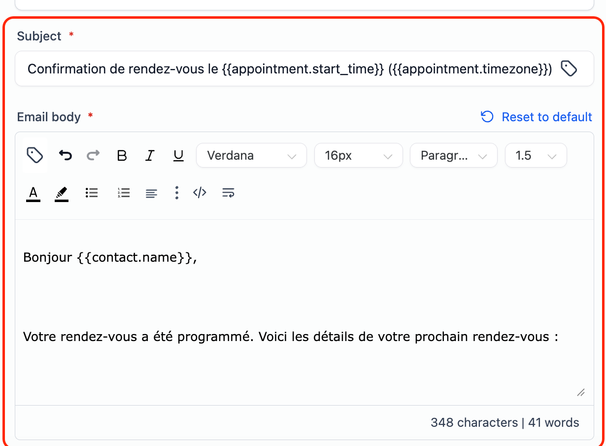 French default booking email with generic appointment and contact merge fields.