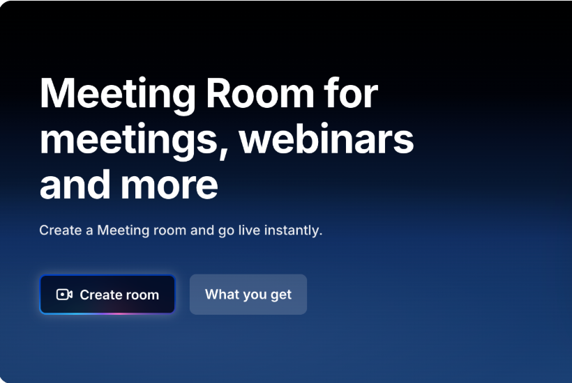 Meeting Room start area with Create room and What you get controls.