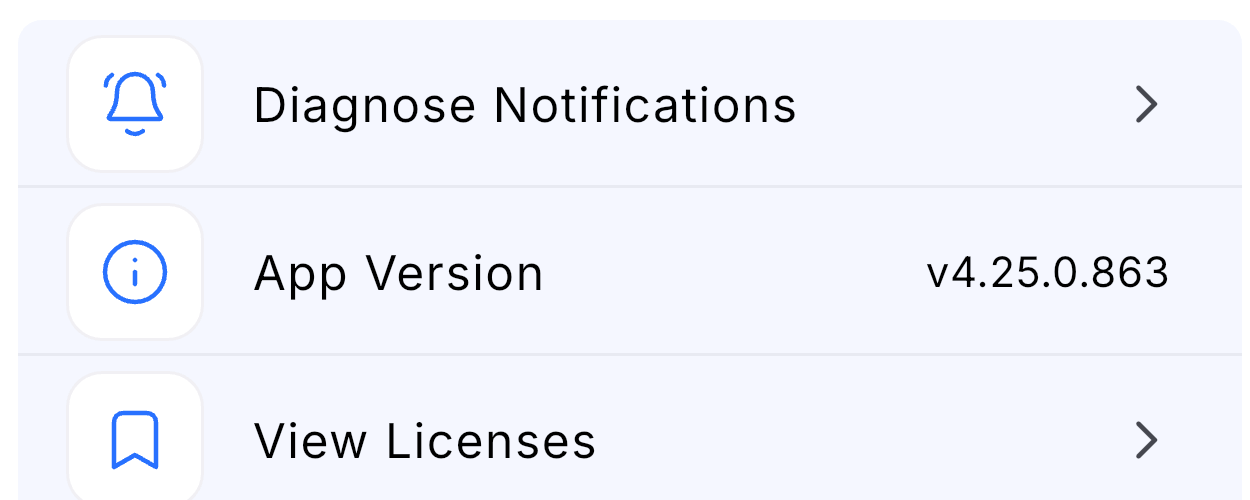 Mobile Settings entry for Diagnose Notifications with the example app version.