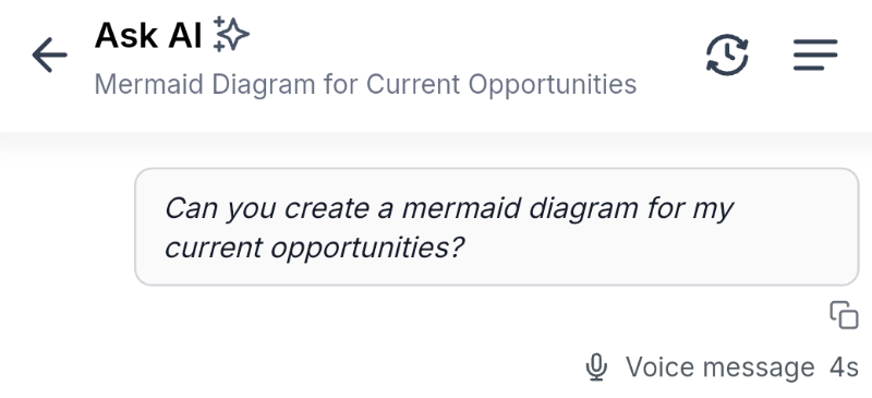 Mobile Ask AI showing a transcribed voice message and its duration.