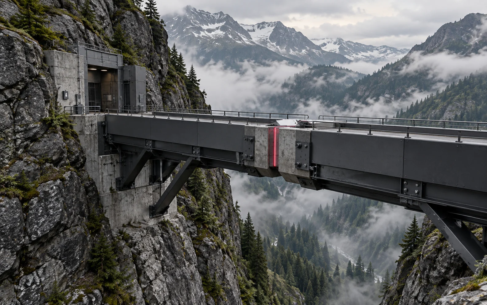 Two graphite bridge sections meet at a precise red-lit docking joint above an alpine valley.
