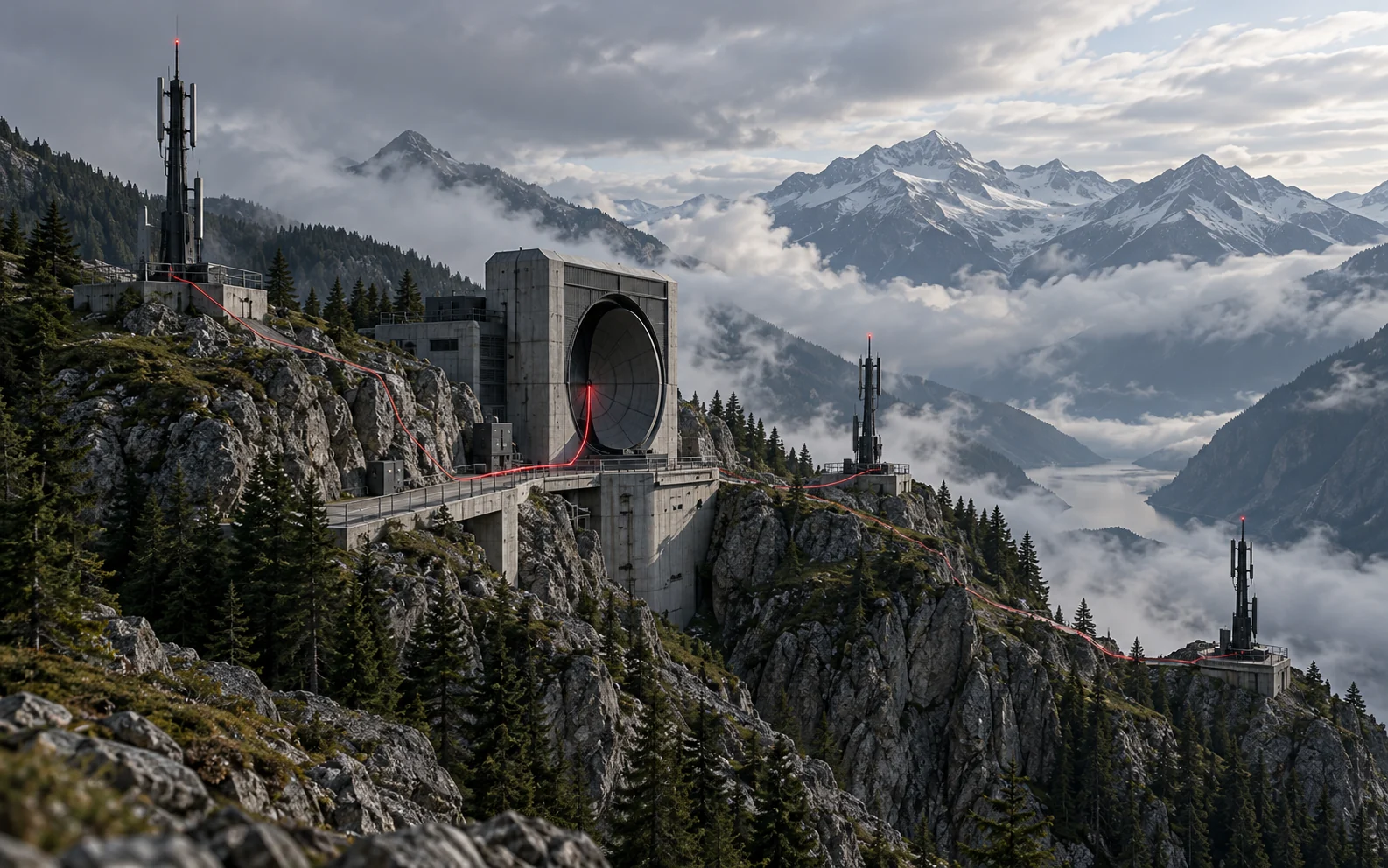 An alpine communication relay links three signal stations along a narrow red guide seam.